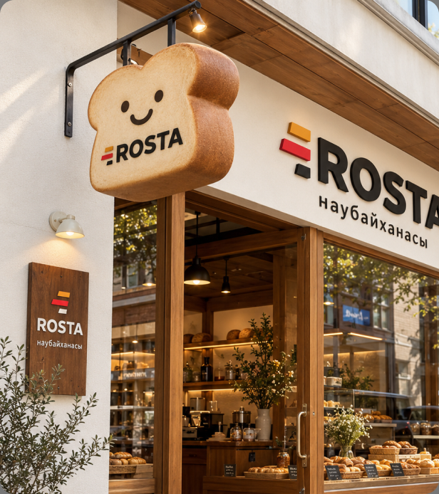 Вход в пекарню с вывеской ROSTA и витриной выпечки
